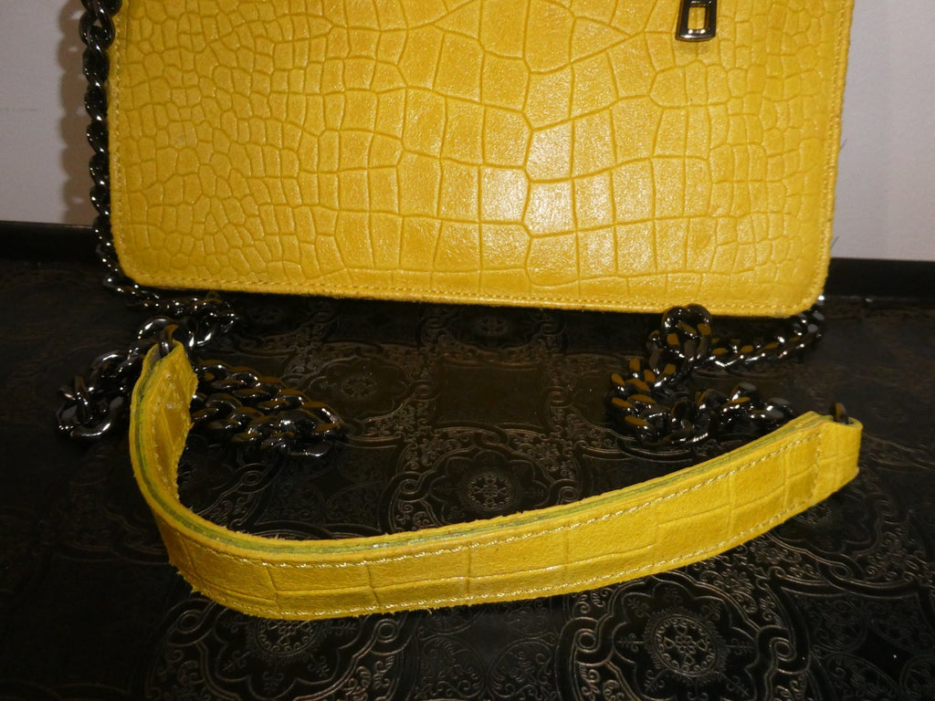 Italian Genuine Leather Chain Shoulder Crossbody Bag 9x7x 2 Mustard Yellow Italy
