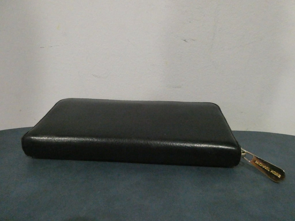 MICHAEL KORS Zip Around Wallet Black Gold Logo Plate Designer Large