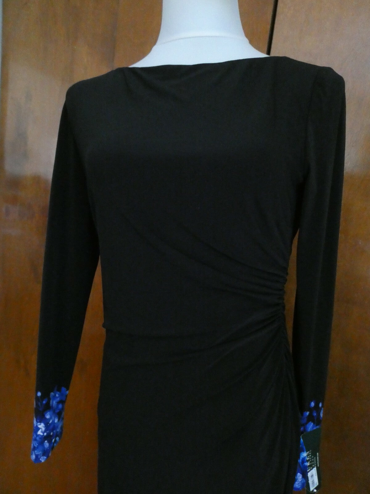 Ralph Lauren women black/blue floral lined stylish gathered long sleeve dress  