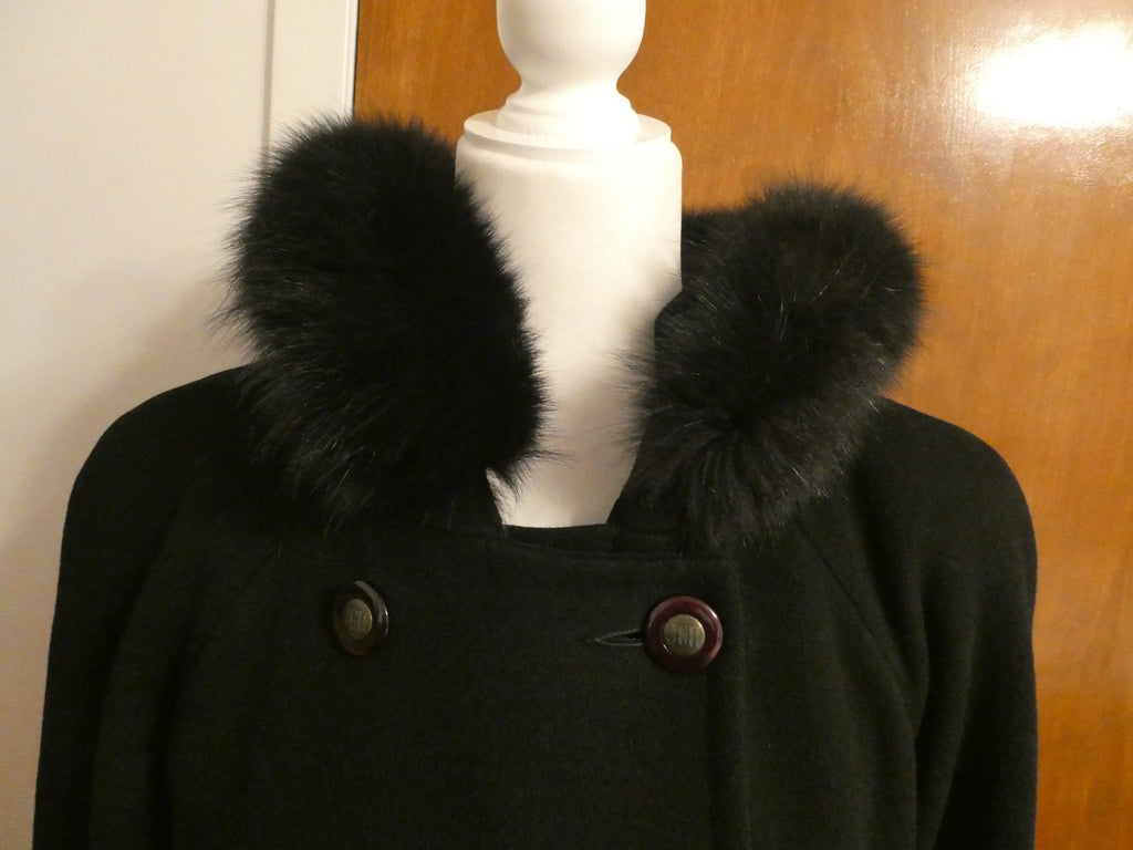 J.G HOOK Women Black 100% Wool A-Line Hood Fox Fur Trim Winter Coat 6 (fit 8-10)