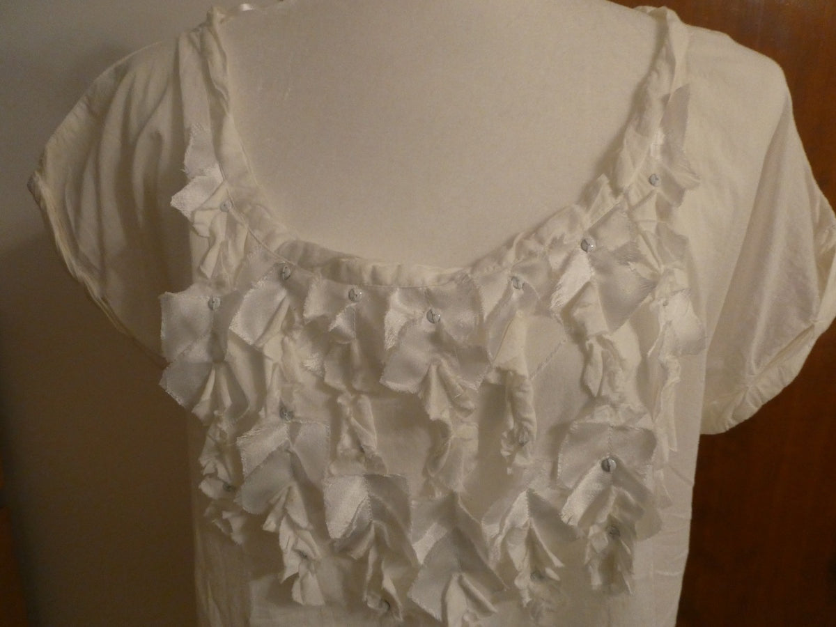 Calvin Klein Jeans Women White Embellished Ruffle Top WF11H07 Short Sleeve M
