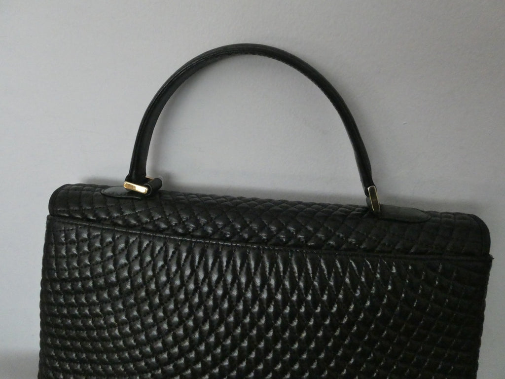 Vintage Bally Women's Black Quilted Leather Top Handle Handbag Gold Tone Italy