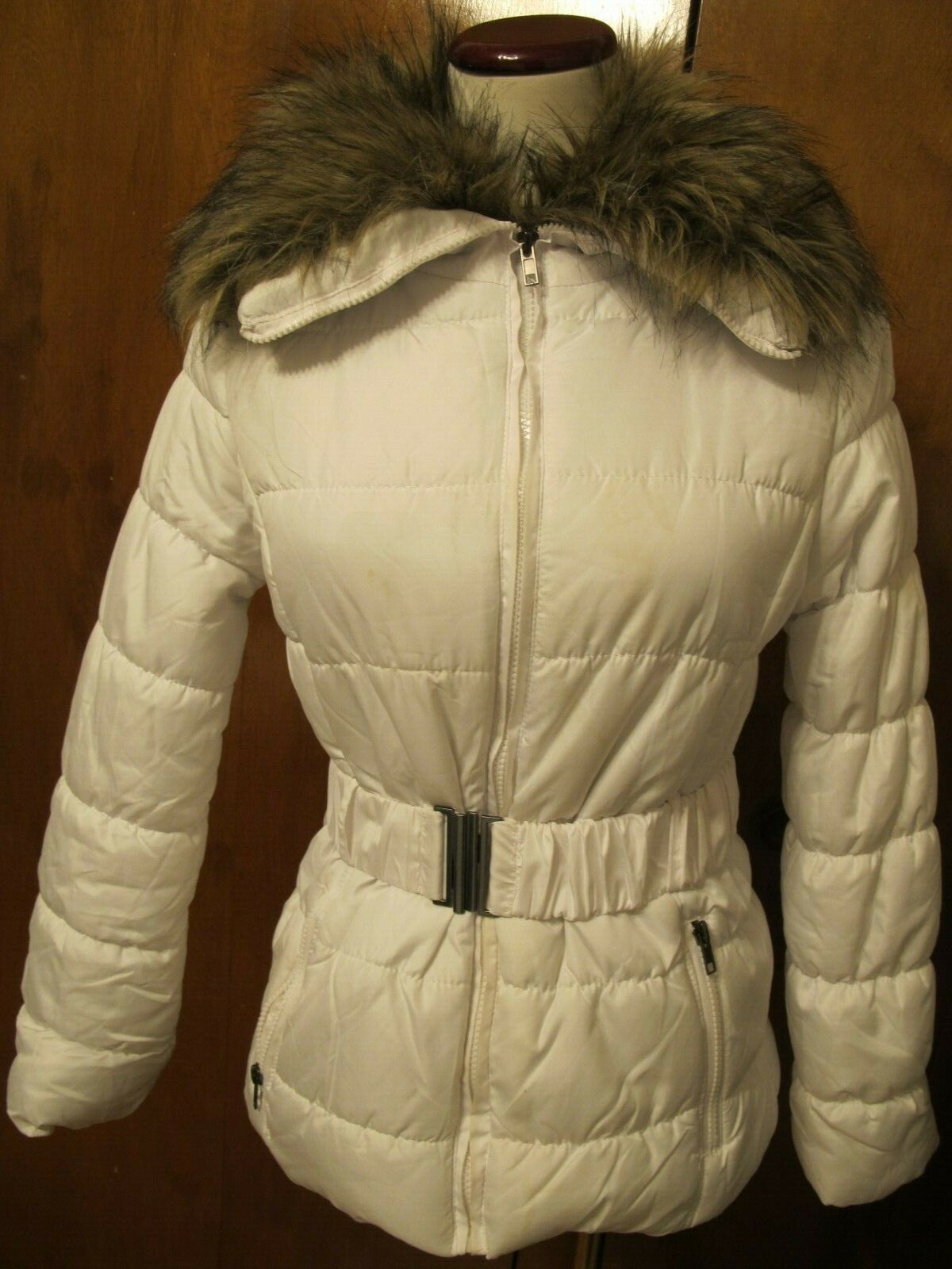 Black Rivet women's white belted zippered puff jacket faux collar size Small