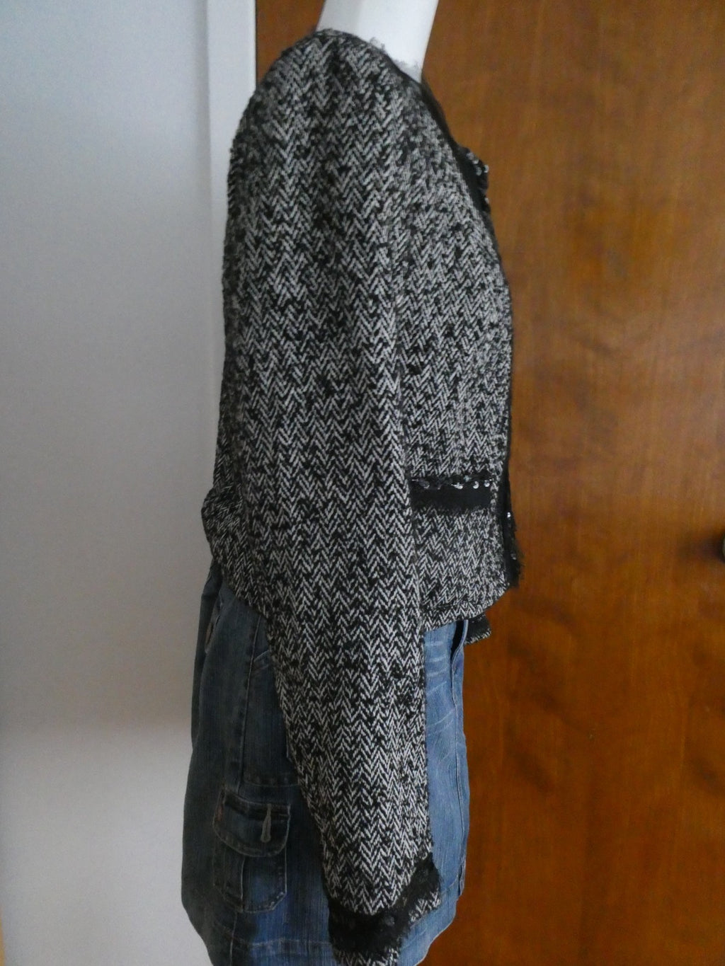 Sinequanone Women Black White Tweed & Sequin Wool Blend Lined Blazer Size Large