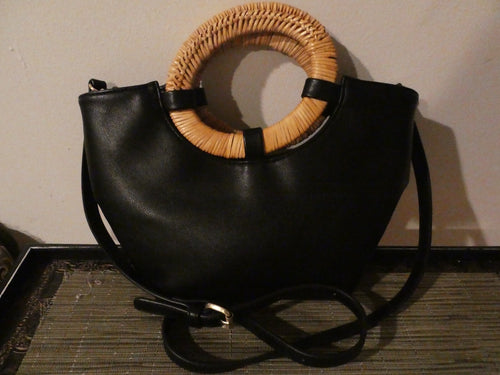 Anthropologie Black Small Rattan Handles Cross Shoulder Strap Handbag