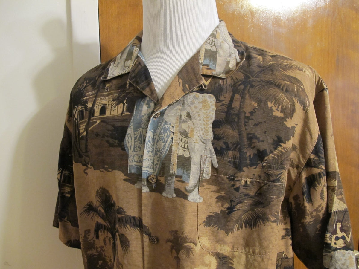 Tommy Bahama Men's Silk Multi Color Brow Blue Gray Beach Shirt Large Very Nice