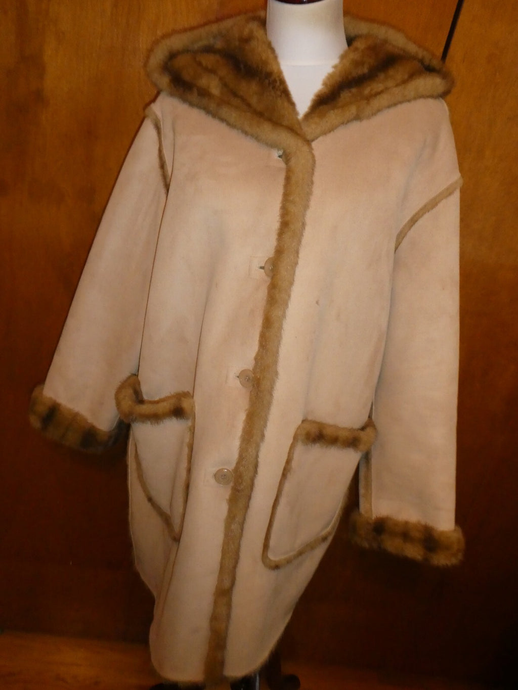Jones New York Women’s Beige Faux Fur Reversible Hooded Winter Coat Size Large
