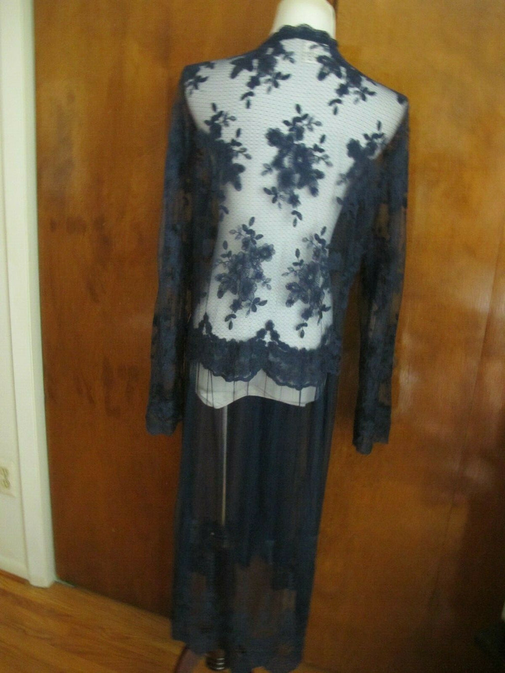 Indigo Thread Co. Women's Navy Mesh Long Sleeve Embroidered Duster Cardigan 1X