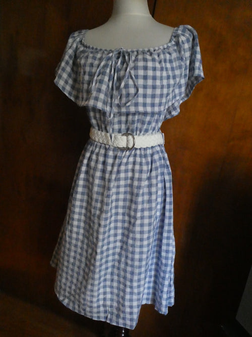 Anthropologie 11-1 Tylho Off-The-Shoulder Dress Plaid Gingham Blue/White Large