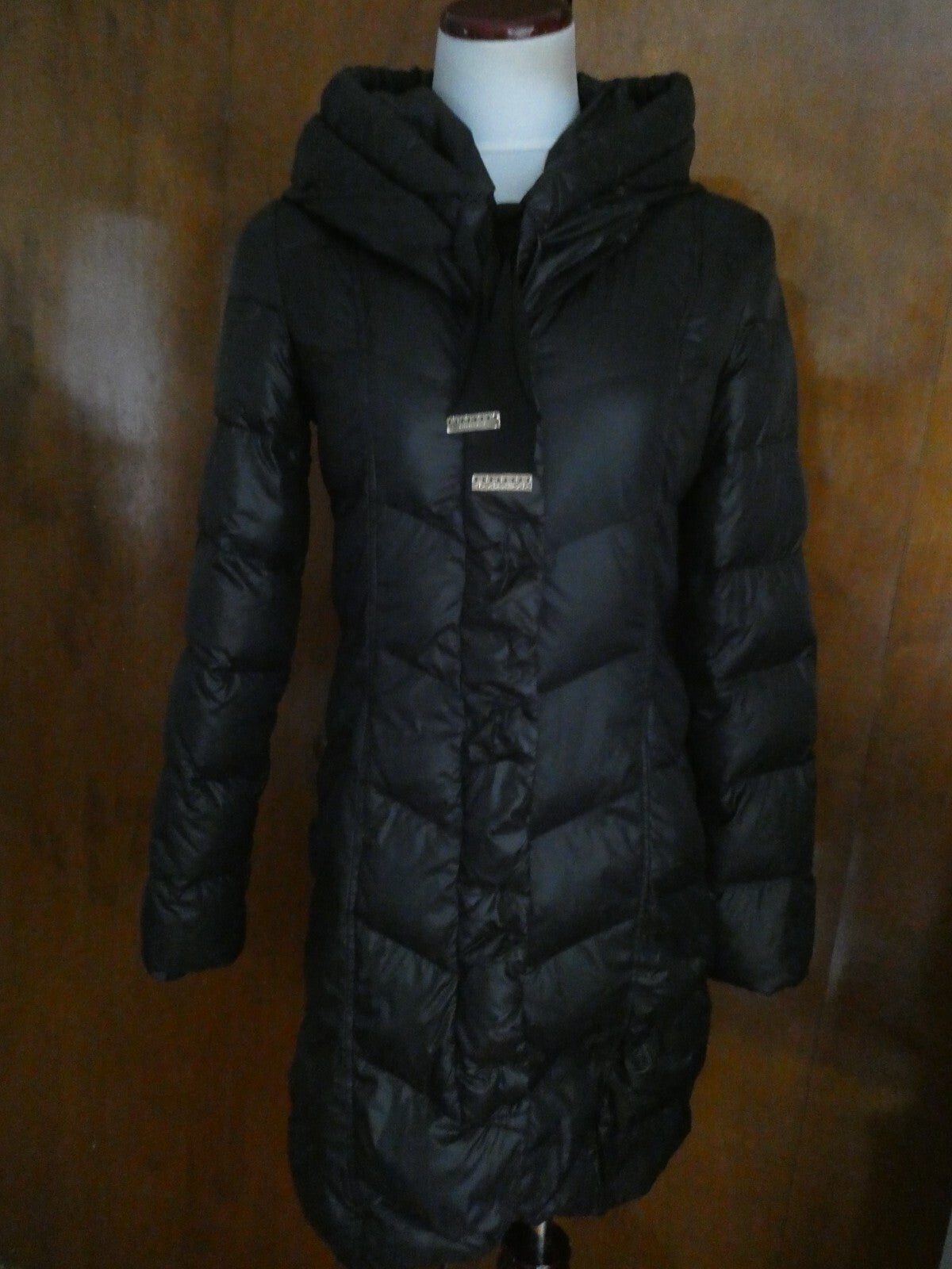 Tahari Women's Black Down Puffer Winter Detailed Coat Jacket Xsmall