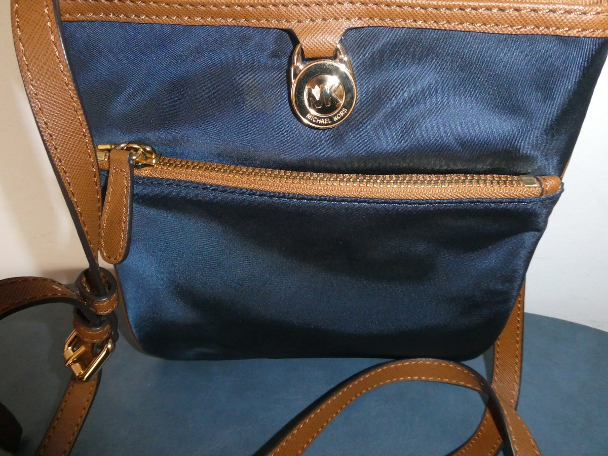 Michael Kors Navy Nylon Crossbody Bag Brown Trim 5 Pocket Gold Tone EUC