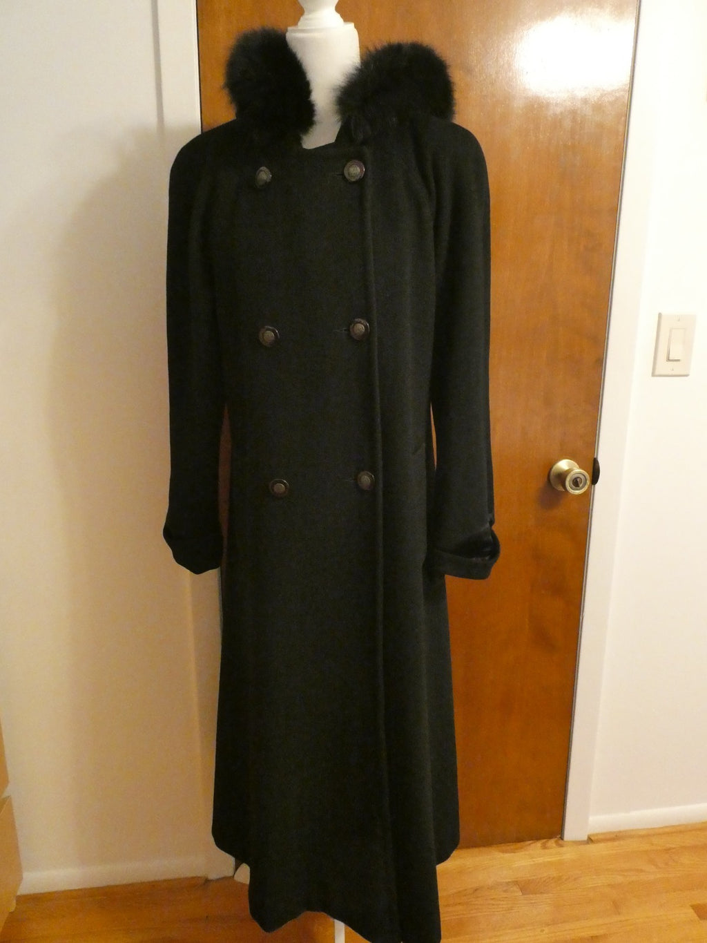 J.G HOOK Women Black 100% Wool A-Line Hood Fox Fur Trim Winter Coat 6 (fit 8-10)
