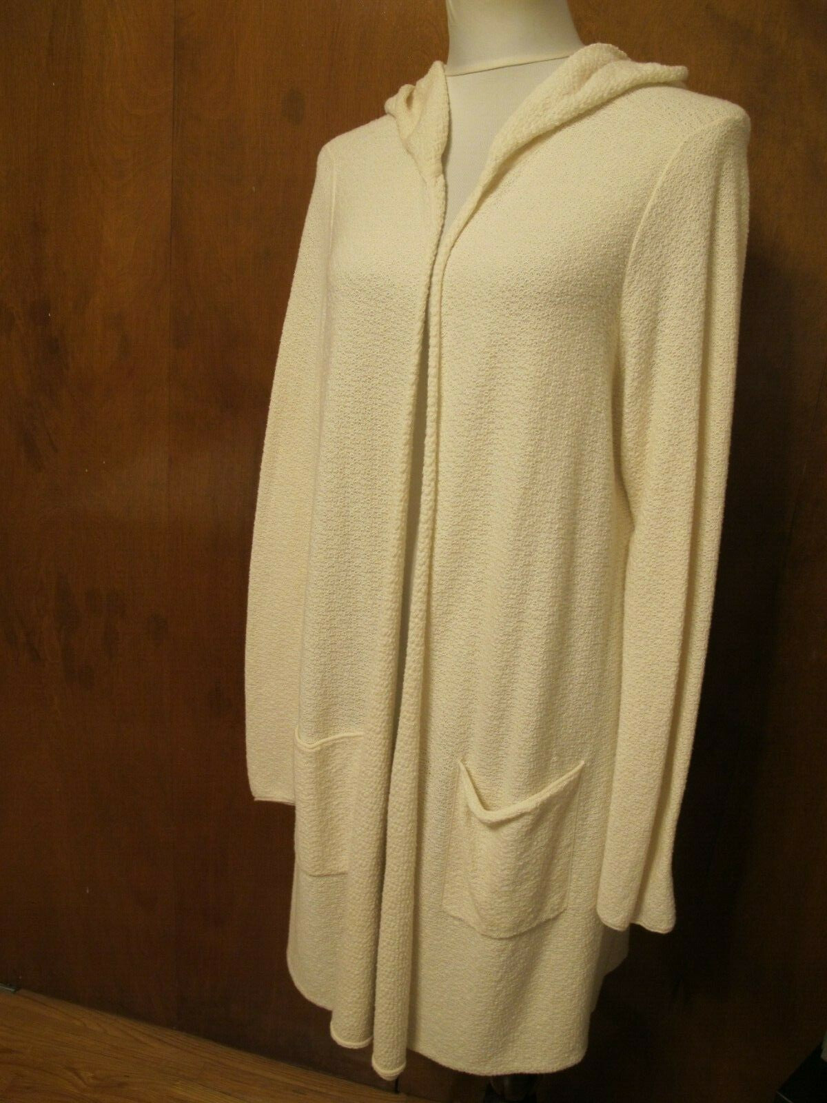 Eileen Fisher Women’s Ivory Knit Open Front Hood Organic Cotton Cardigan XLarge