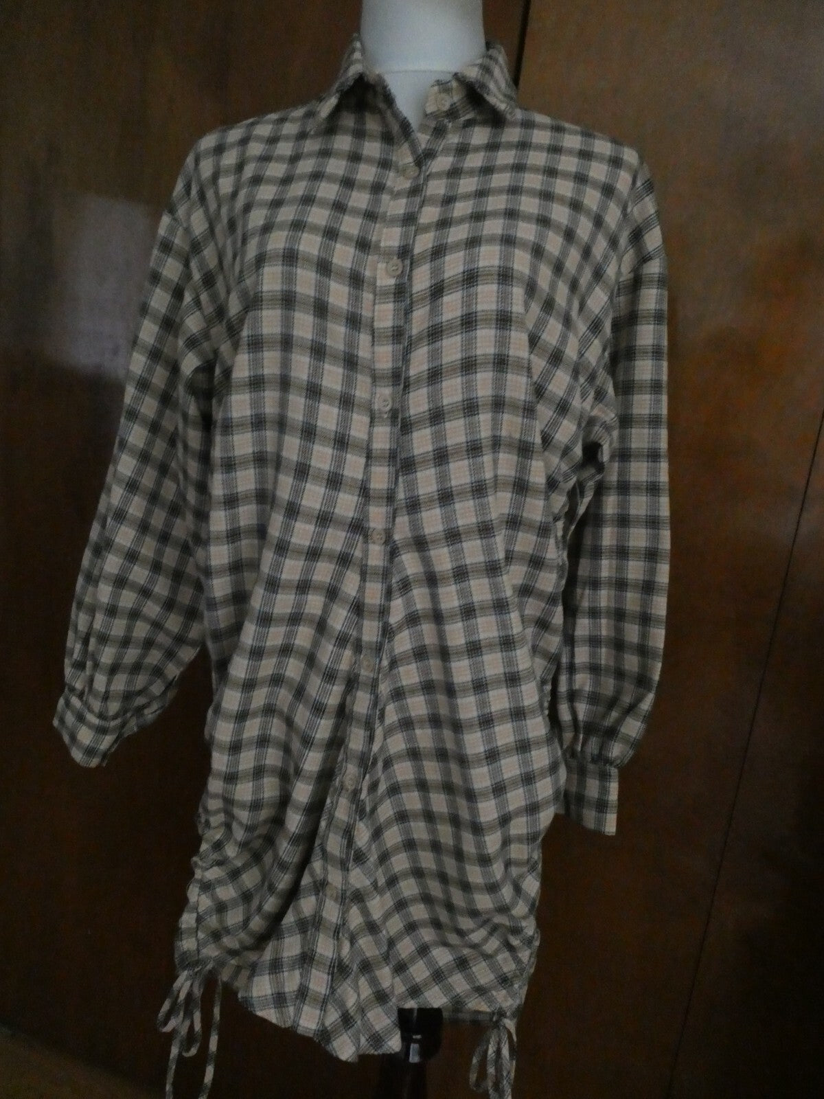 PRETTYLITTLETHING Shirt Dress Beige Check Oversized Detail Size 6
