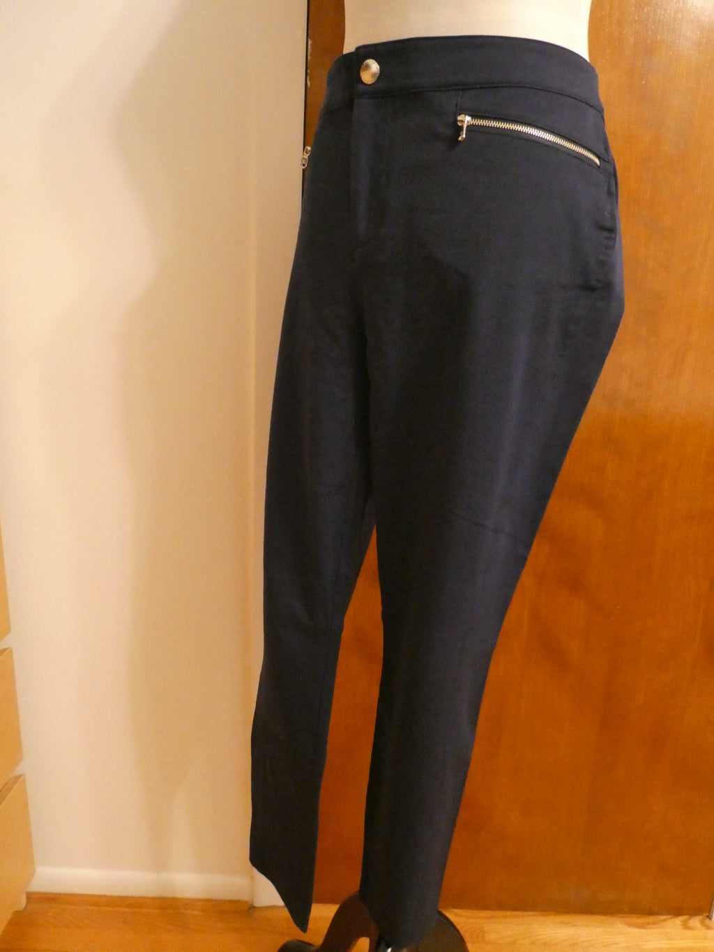 Ralph Lauren Women Navy-Blue Pants Size 14 Stretch Zip Pocket Slim Ankle Career