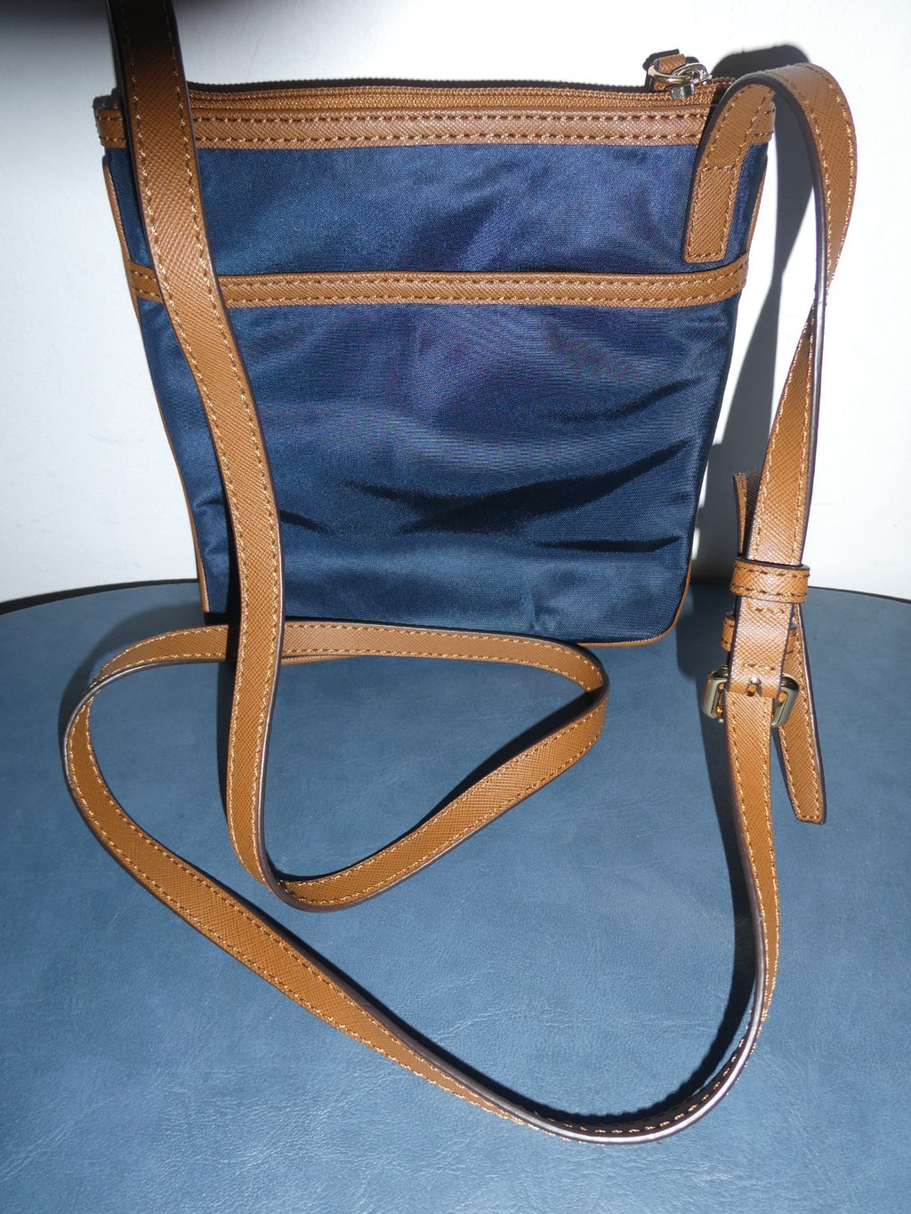 Michael Kors Navy Nylon Crossbody Bag Brown Trim 5 Pocket Gold Tone EUC