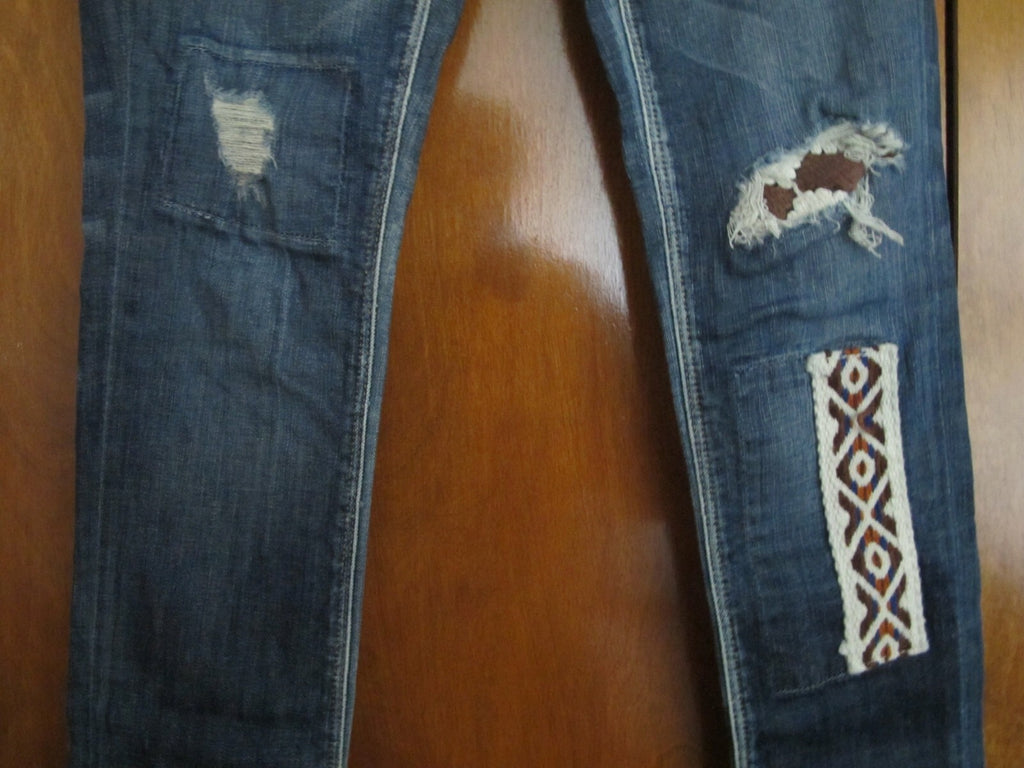 Free People Artisan De Luxe Patched Skinny Women's Jeans size 24 Blue Distressed
