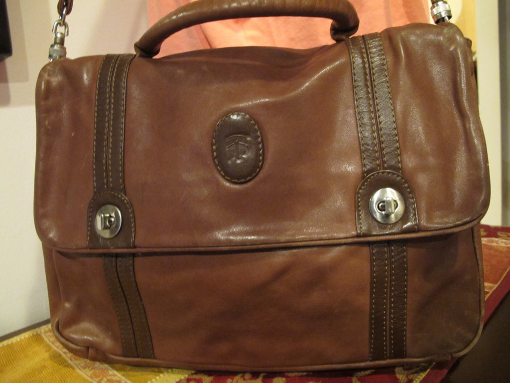 Vintage Tartana Pelletterie Women's Brown Leather Briefcase Messenger Bag 