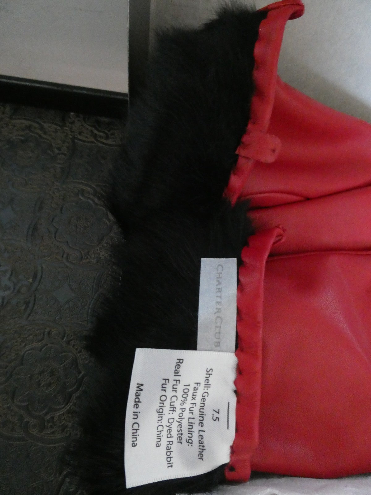Vintage Charter Club Red Genuine Leather Gloves 7.5 Real Rabbit Fur Cuff New Box