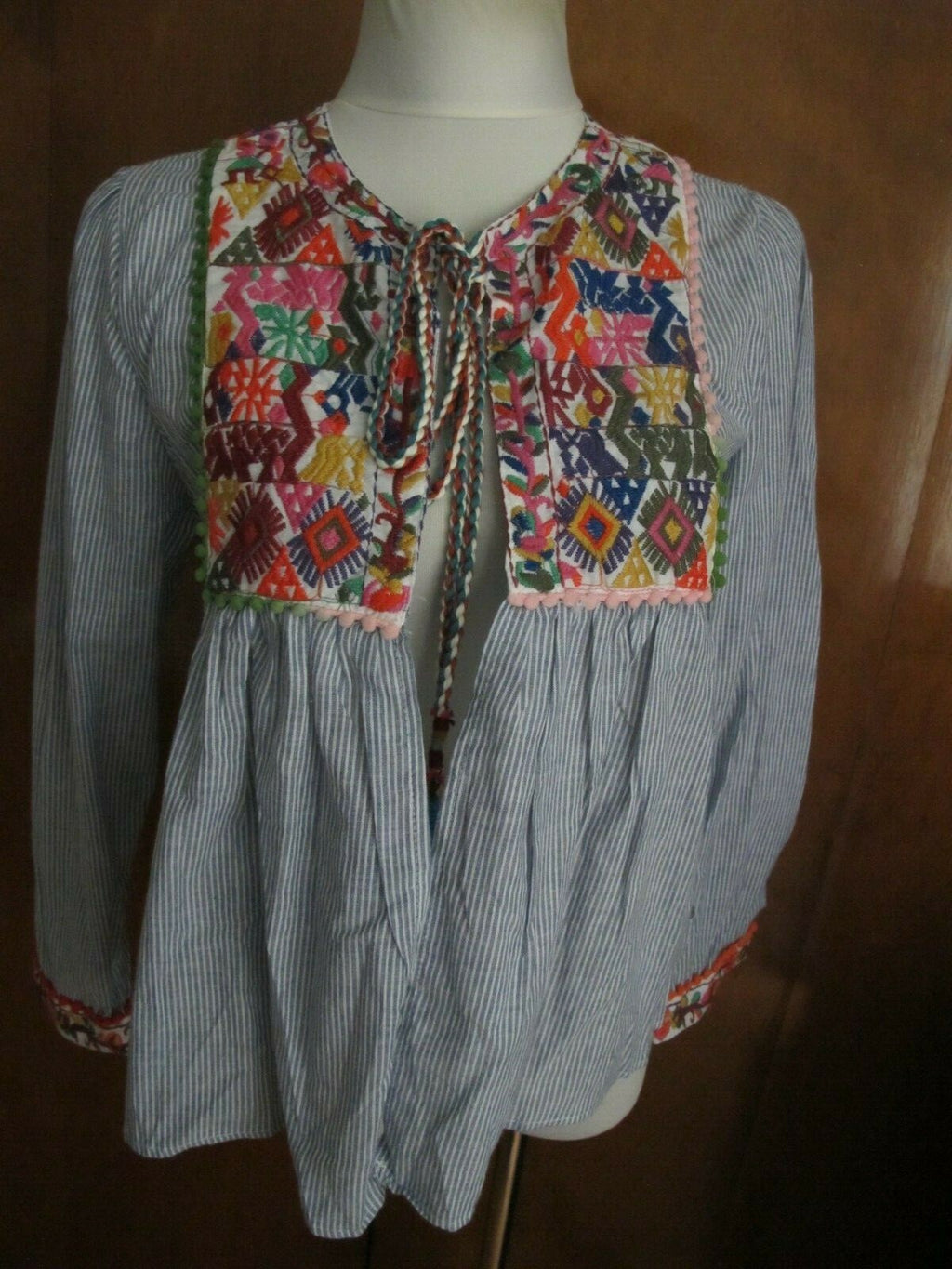 Cougar women's blue stripe combo cotton embroidered tunic top S/M