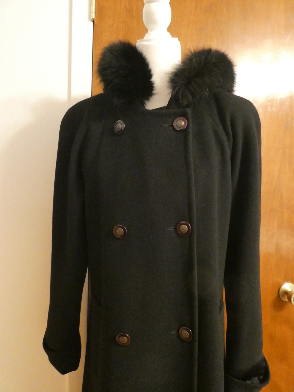 J.G HOOK Women Black 100% Wool A-Line Hood Fox Fur Trim Winter Coat 6 (fit 8-10)