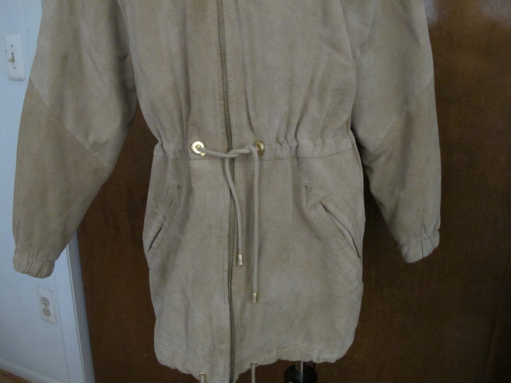 Women's Colebrook Beige Hooded Leather Winter Coat Medium