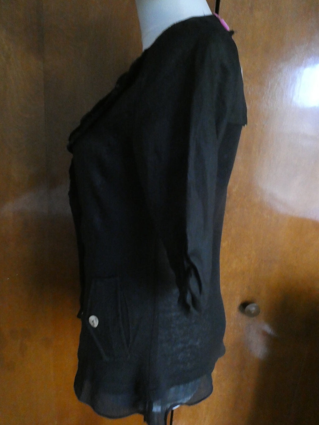 Pink Phoenix Women Black 100% Linen Small 3/4 Sleeve, Button Up, Semi Sheer Top