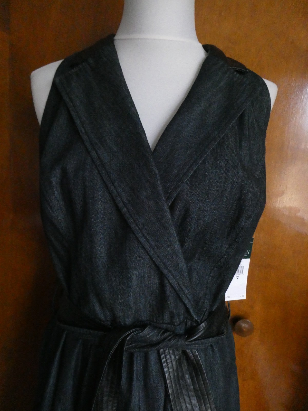 Lauren Ralph Lauren Dress Sz 12 Black Sleeveless Belted Leather Trim A-Line NWT