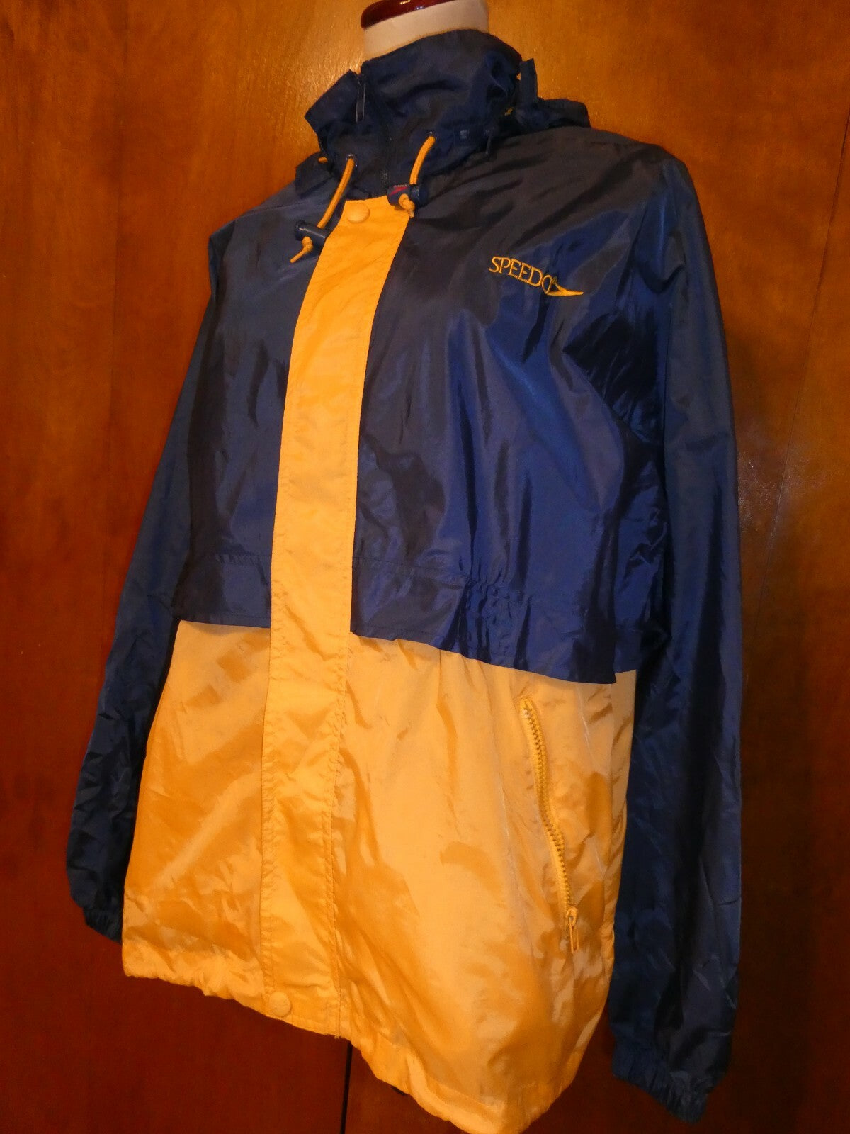 Speedo unisex blue/yellow nylon zip up packable rain jacket XS (fit S or M) 