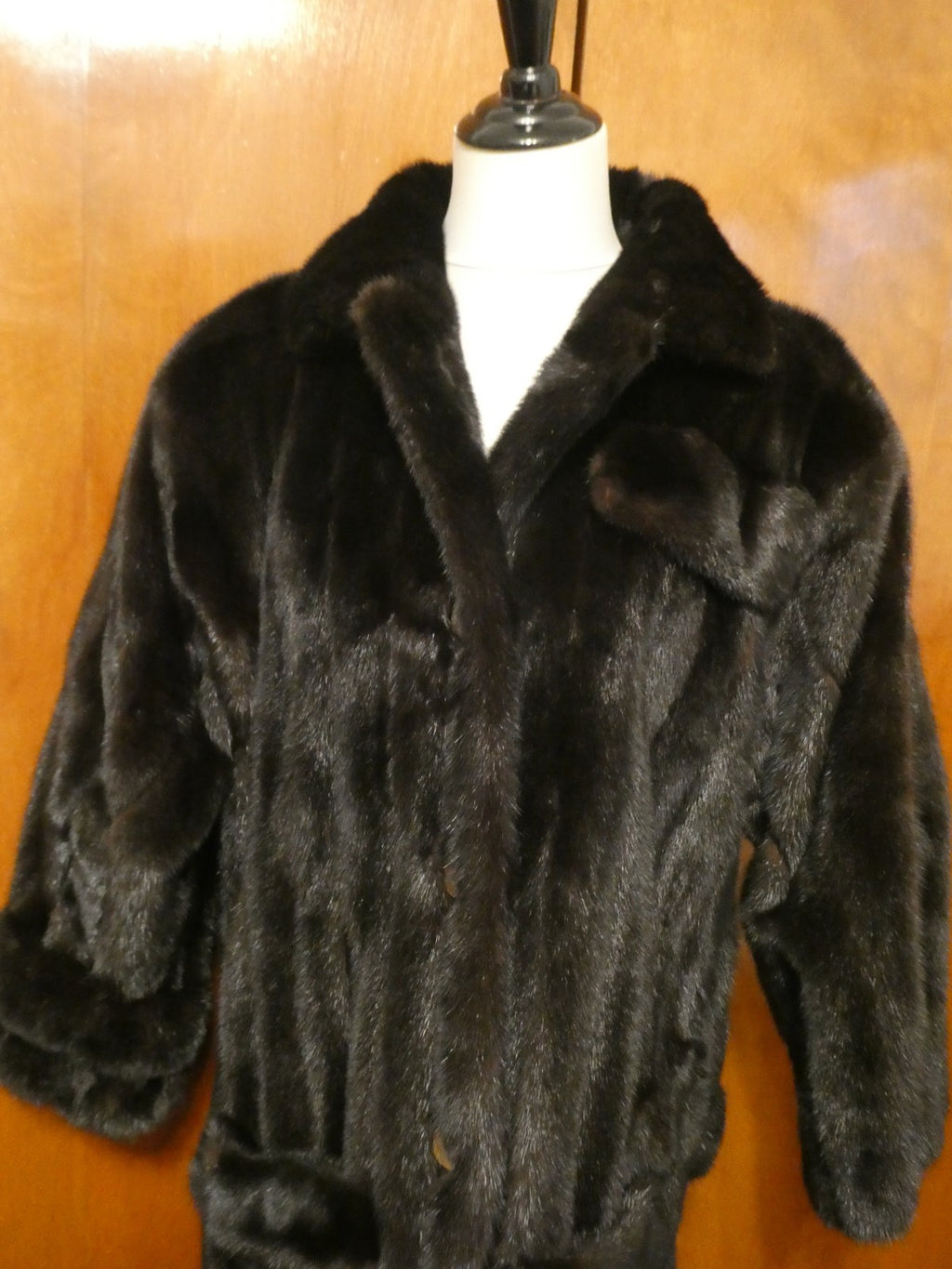 Genuine Mink Fur Coat Full Length Vintage Dark Brown Black Fur Collar Size 12