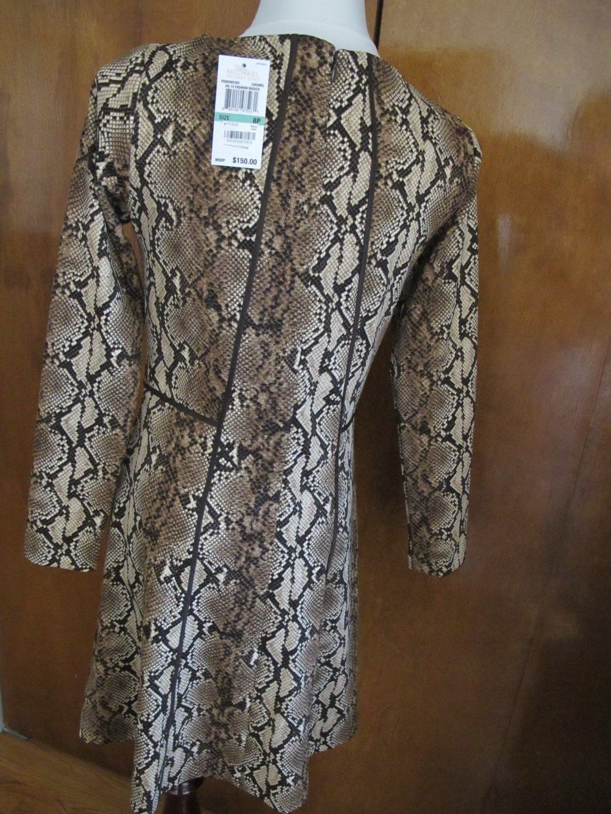 Michael Kors women’s caramel printed boat neck A-line dress 8P 