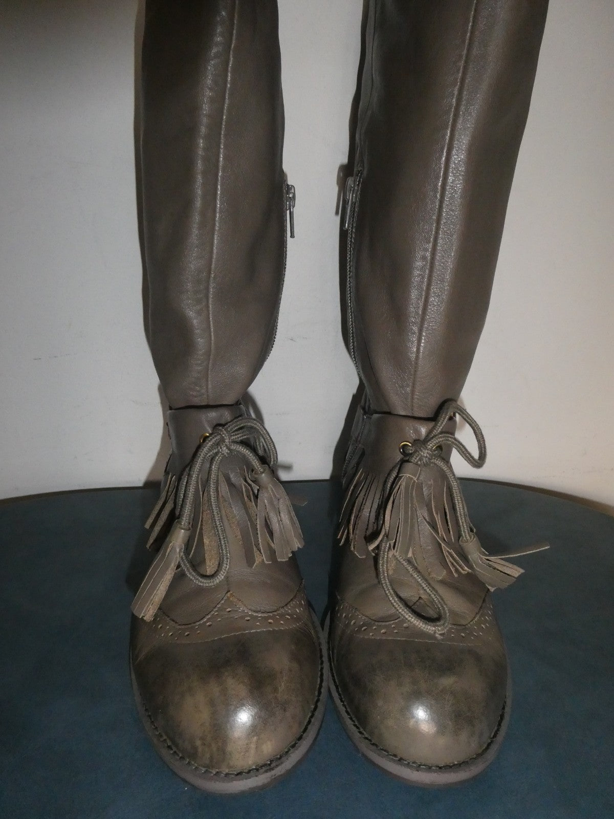 Lucky Penny Tall Fringe Boots Women’s 7.5B Gray Taupe Leather Knee High Boho