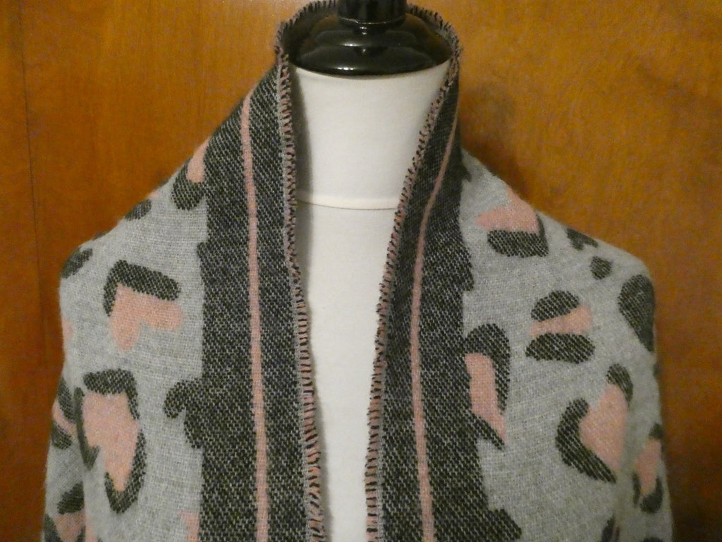 Juicy Couture Leopard Heart Print Scarf 72"x22" Gray Pink Logo Fringe Wrap
