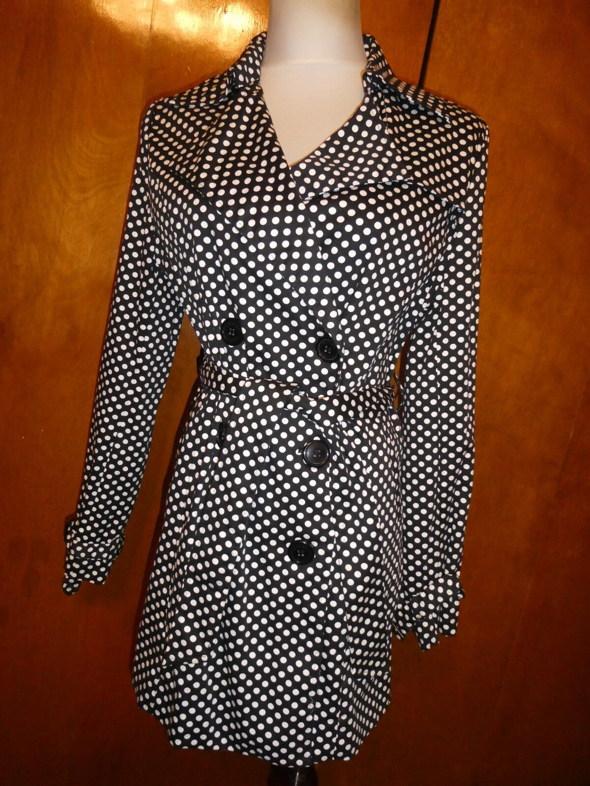 Vertigo Paris Black & White Polka Dot Jacket Trench Coat, Button Up, Medium