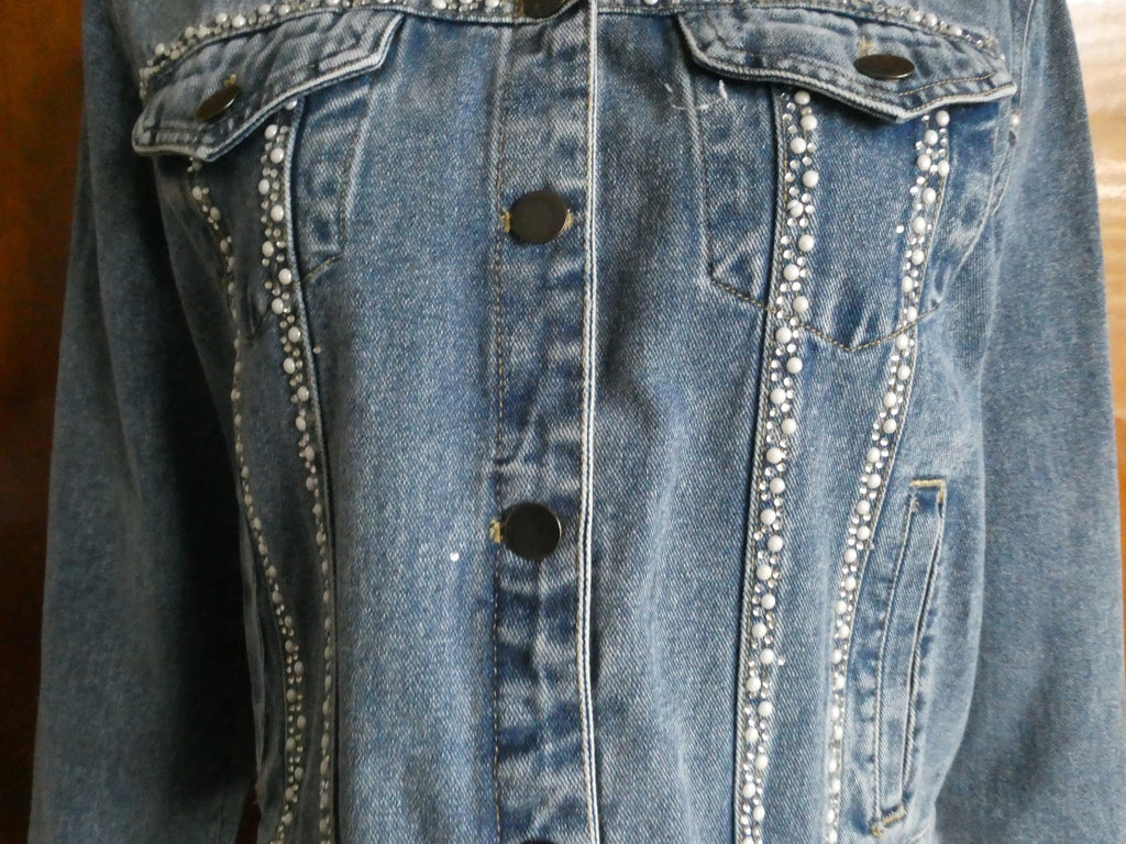 Alexis Taylor Women 100% Cotton Beaded Jeans Blazer Jacket Blue XLarge (fits L)