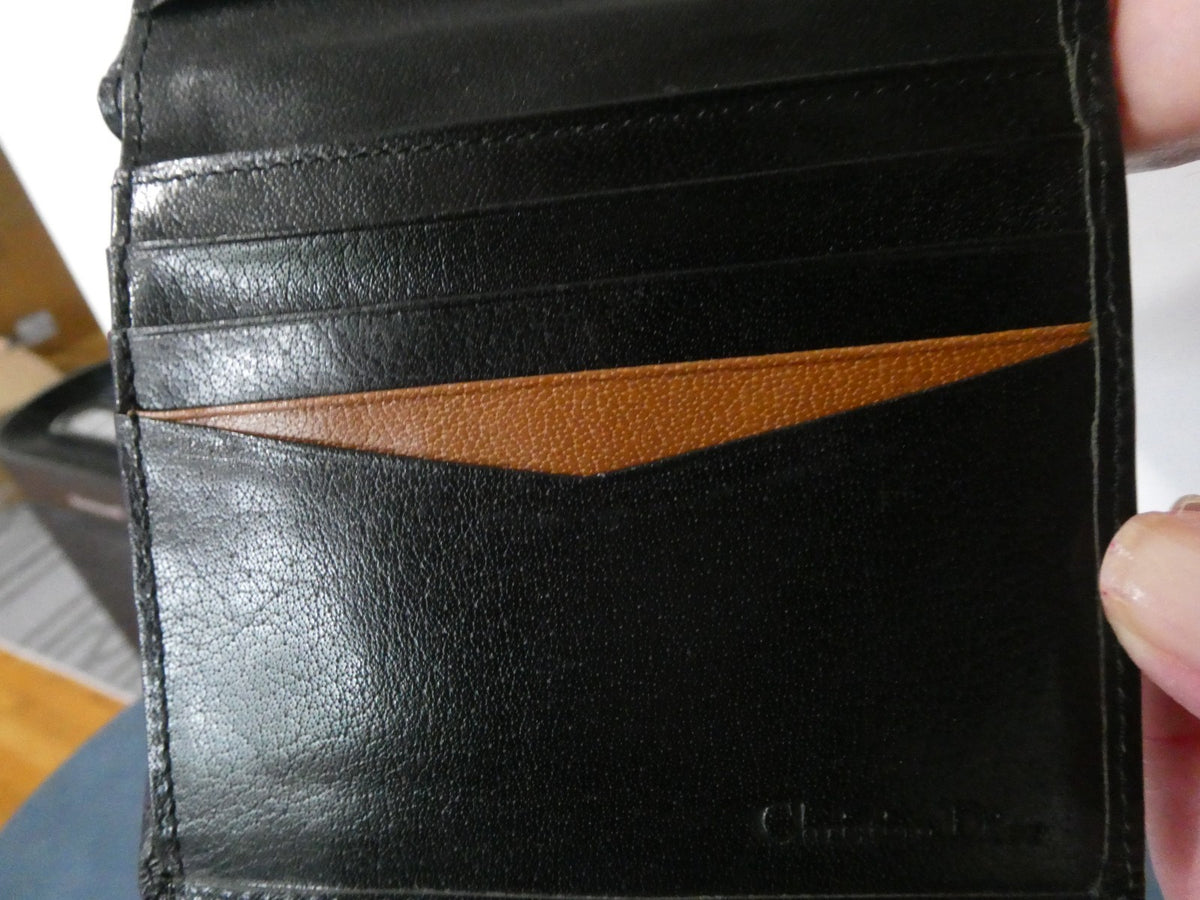 Vintage Christian Dior Leather Wallet Black Bifold Gold Frame Coin Purse