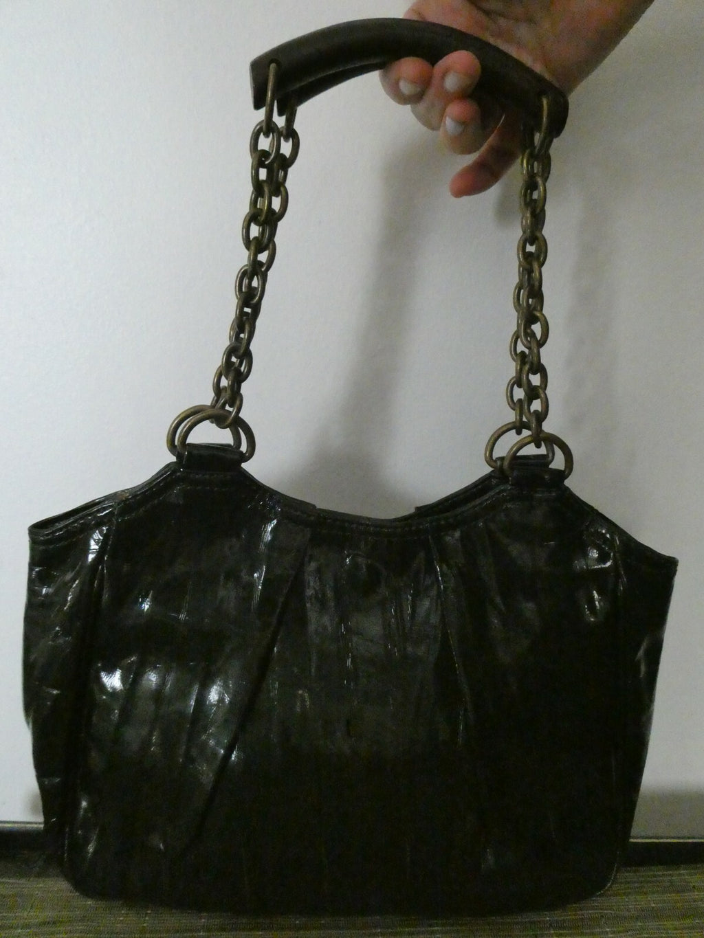 Linea JN1United Colors Of Benetton Dark Green Faux Patent Lined Handbag Purse 