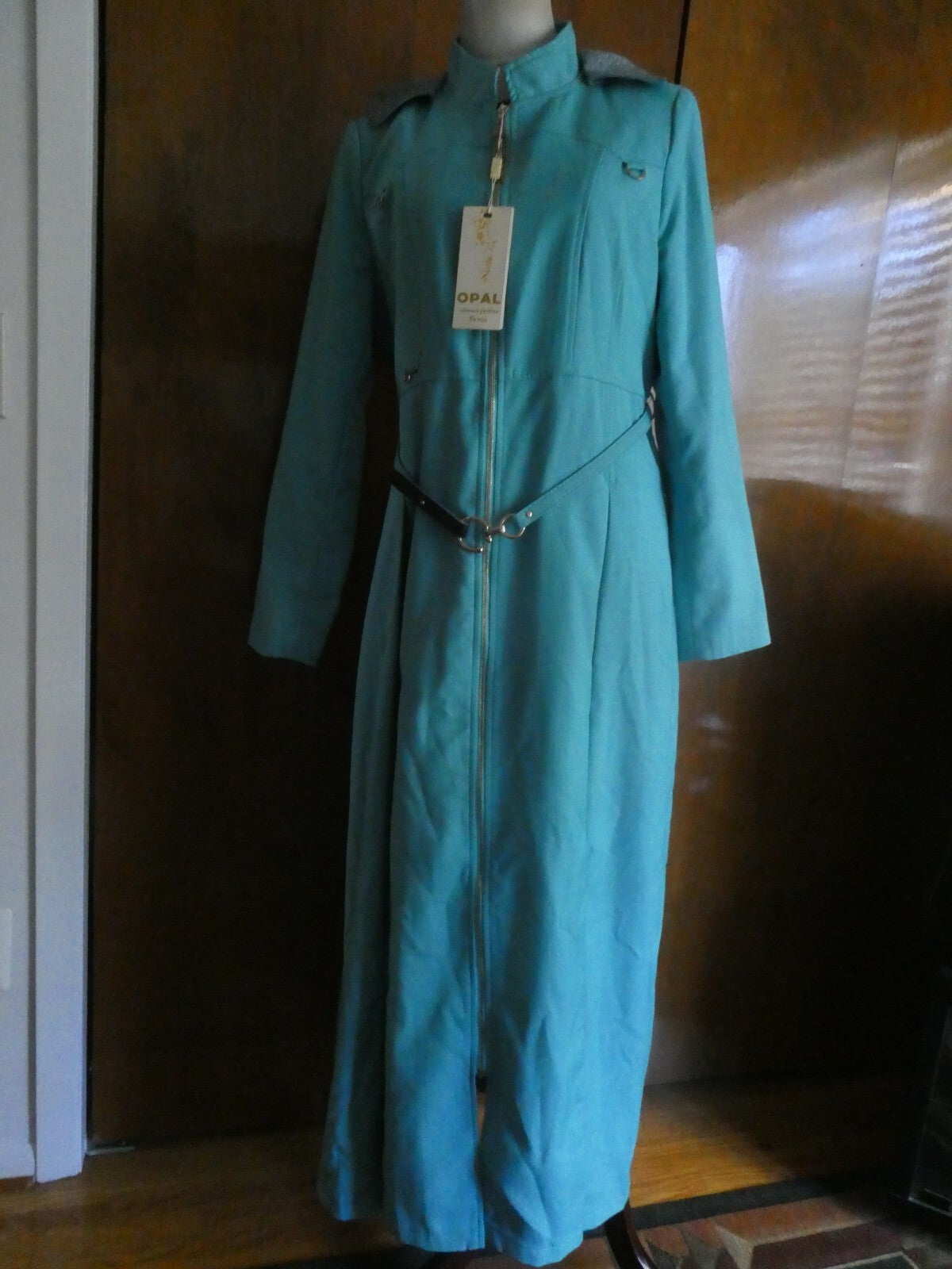 Opal Islamic women light sea green lined full zip belted long hooded coat US14