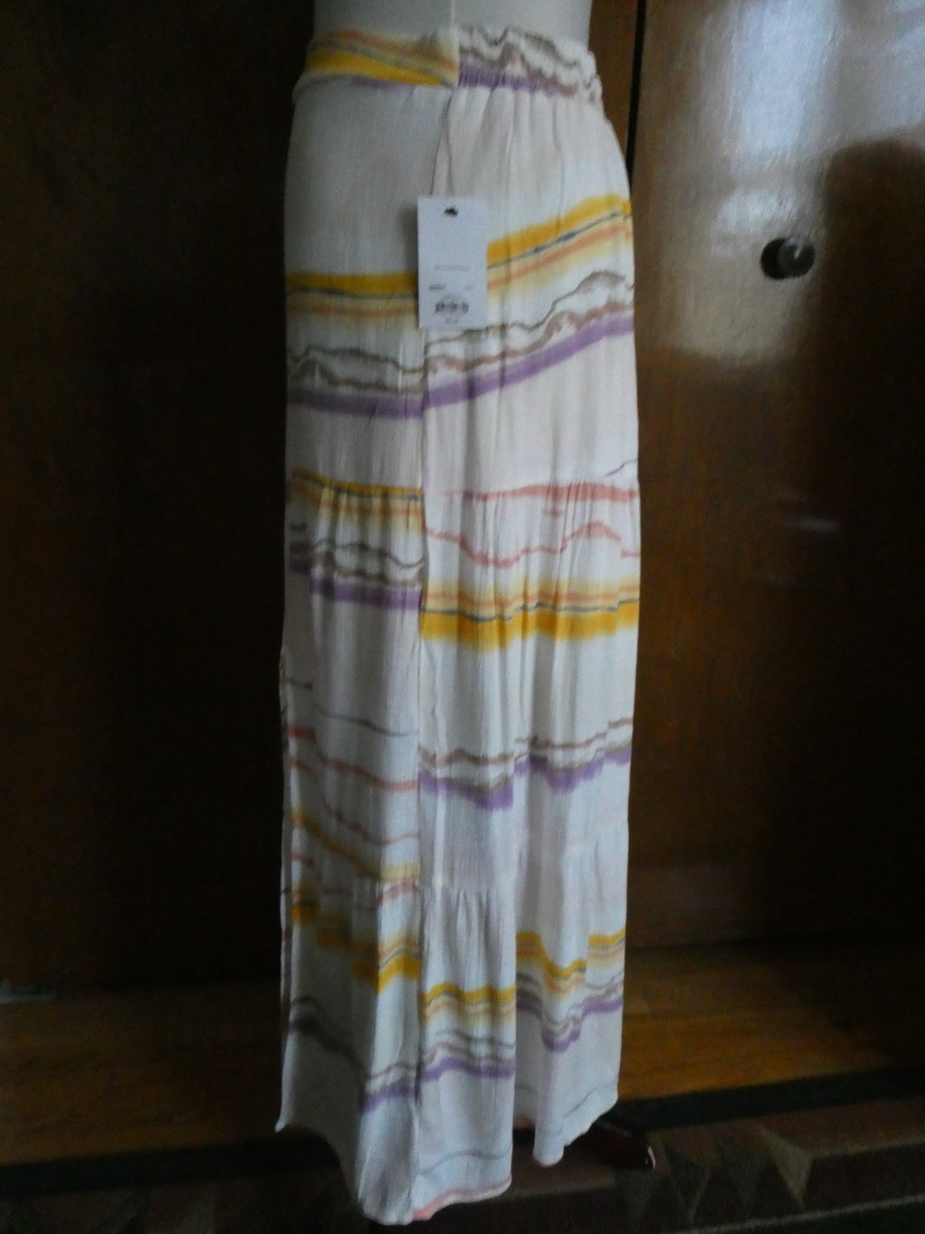 Nine West Women Maxi Skirt Tiered Side Slit Elastic Waist Multicolored Small $40