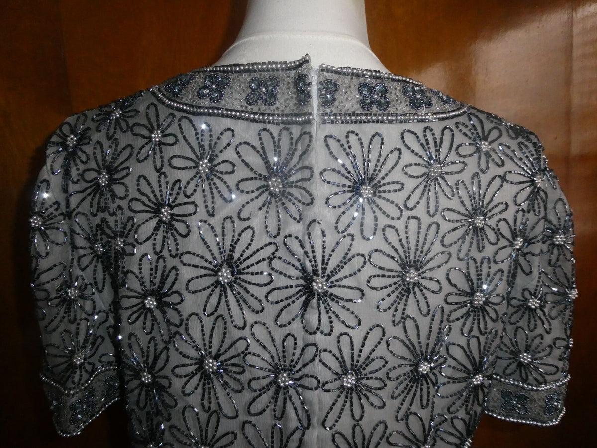 Papell Boutique Women Gray Evening 100% Silk Beaded Party Top Sz XL (fits M/ L)
