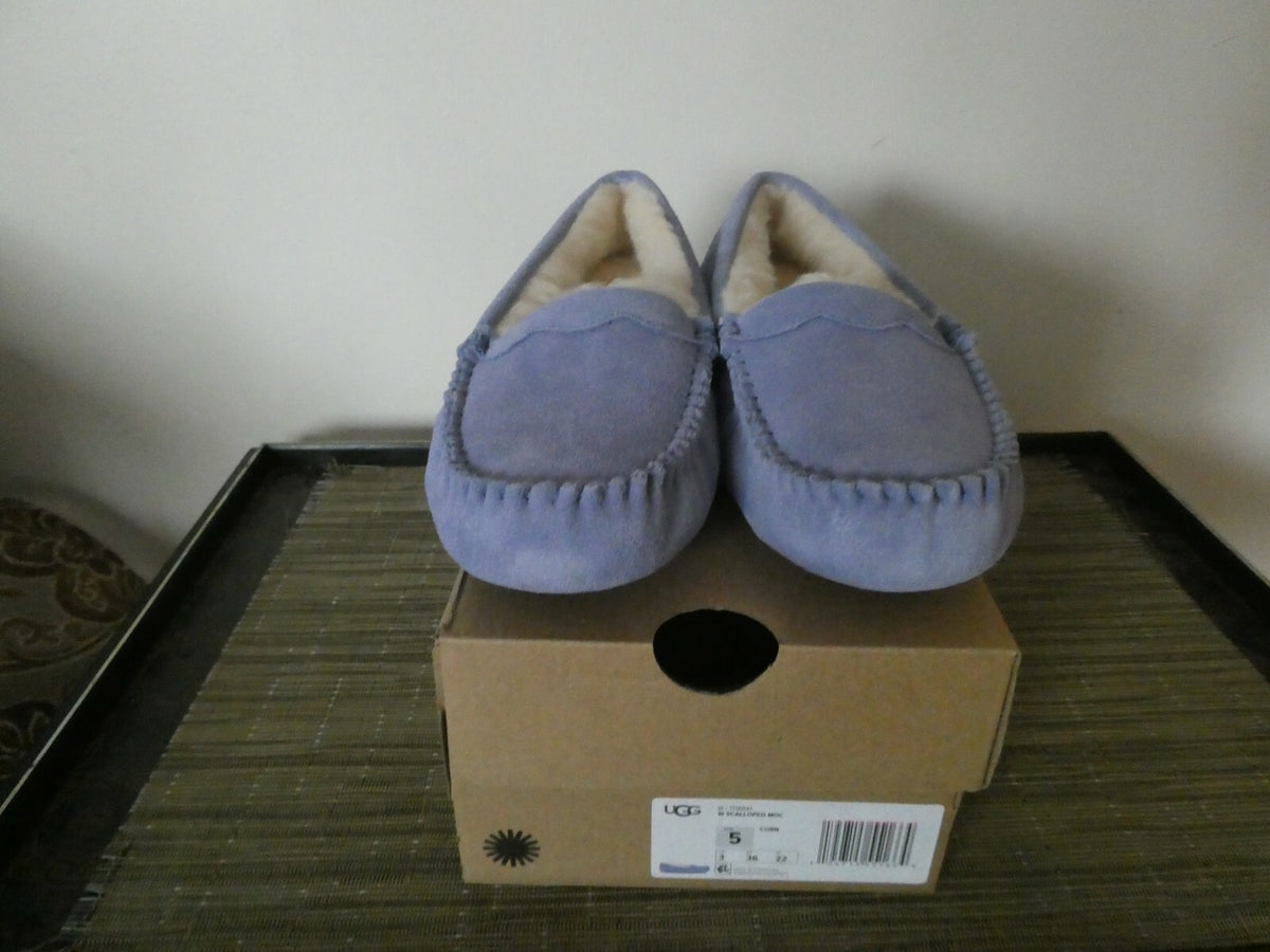 UGG Scalloped Moc Women Blue WLD Authentic Winter Suede Fur Moccasin Slipper 5,6