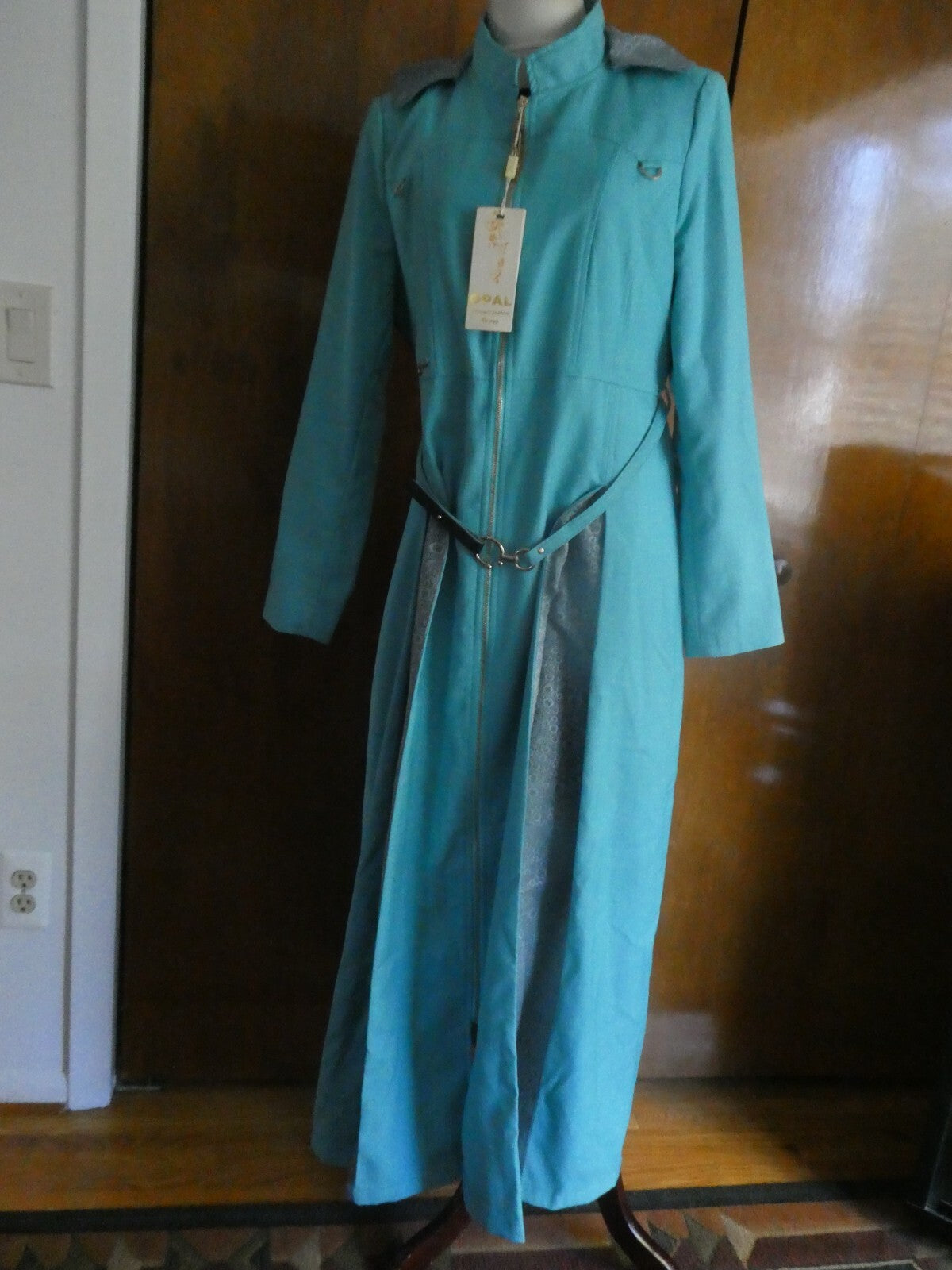 Opal Islamic women light sea green lined full zip belted long hooded coat US14