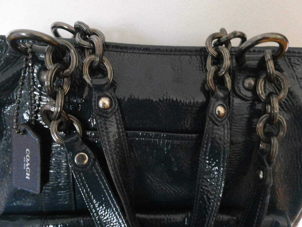 Authentic COACH Vintage Dark Navy Patent Leather Large Shoulder Bag Chain Strap