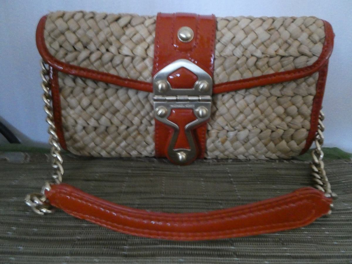 Michael Kors Woven Straw And Leather Chain Clutch Purse Walnut