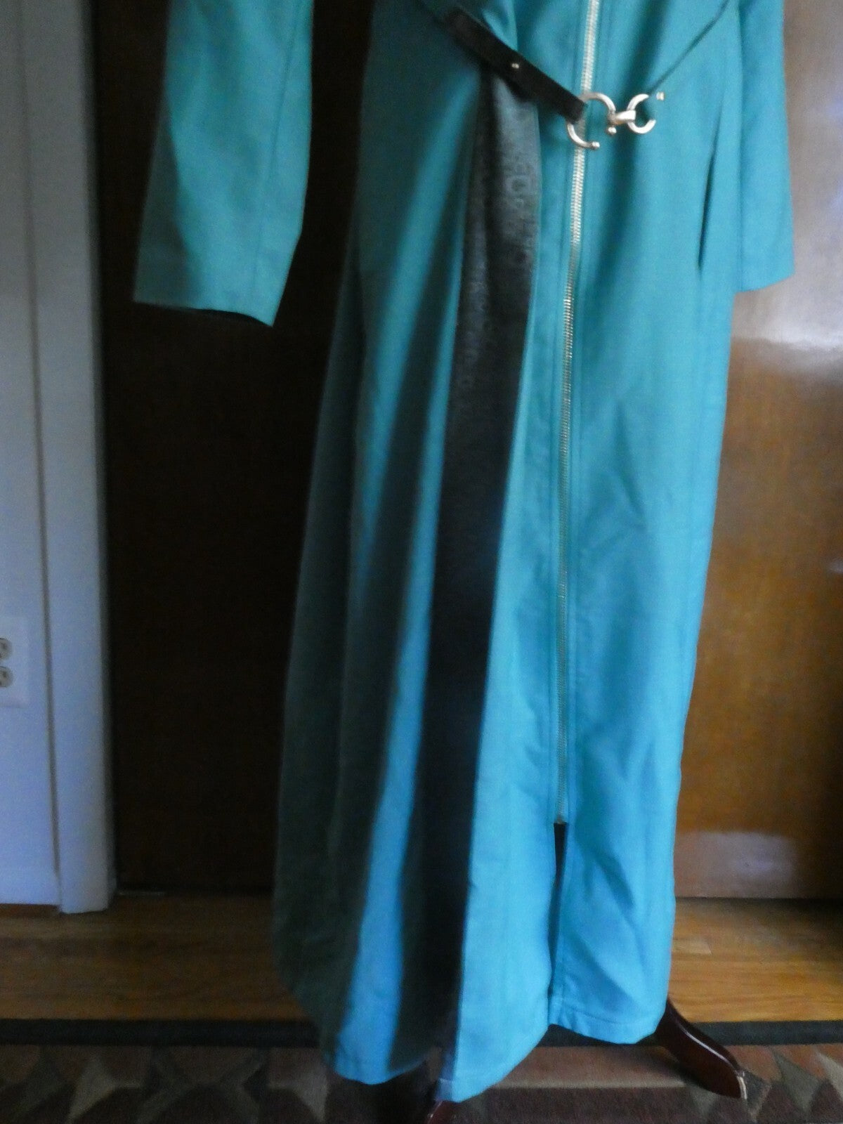Opal Islamic women light sea green lined full zip belted long hooded coat US14