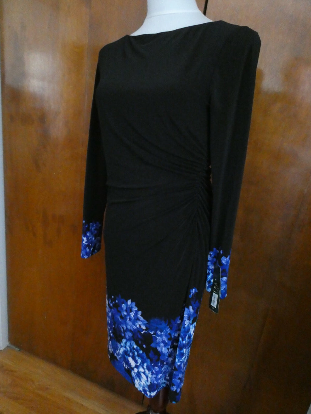 Ralph Lauren women black/blue floral lined stylish gathered long sleeve dress  