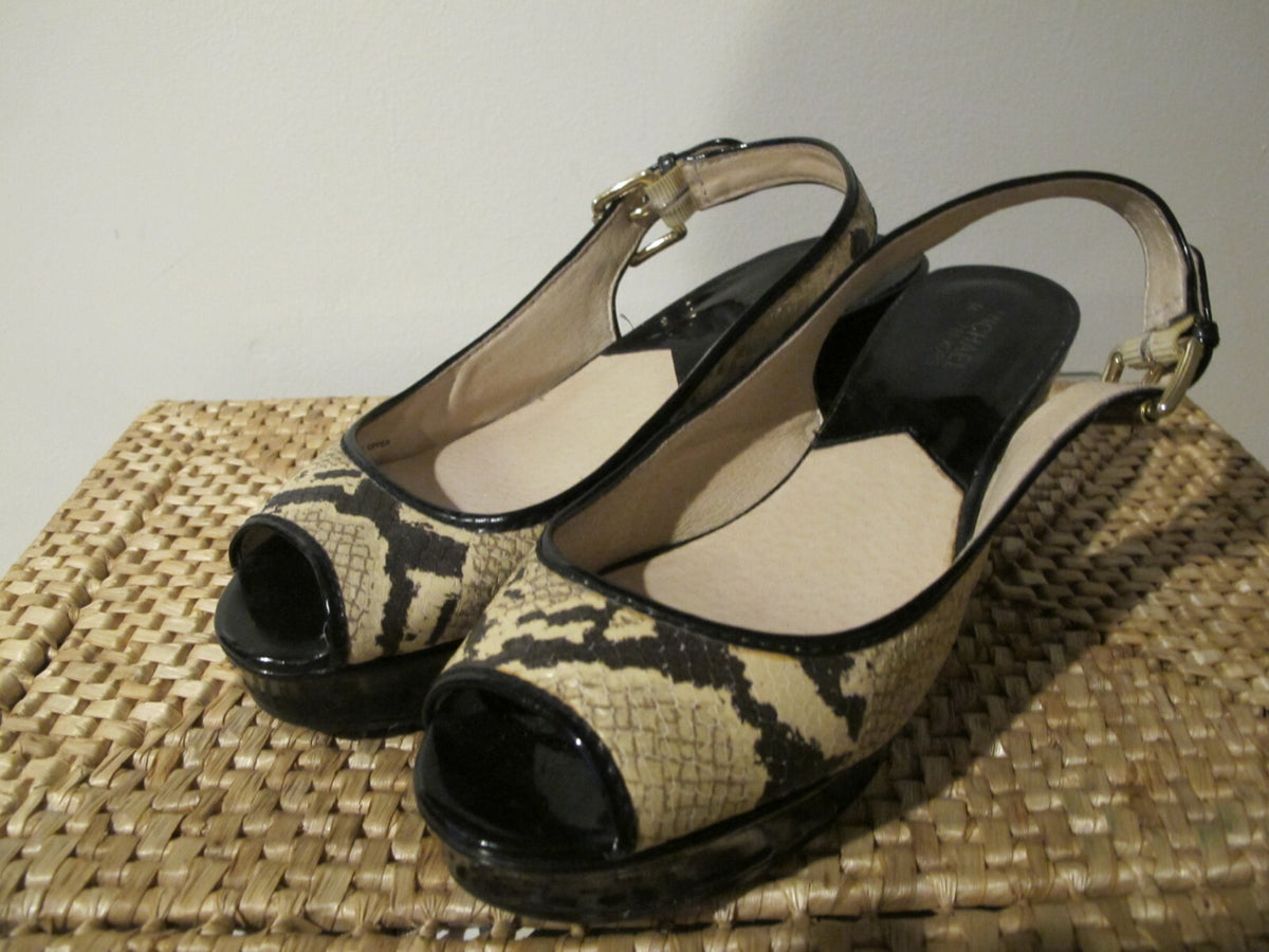 Michael Kors Black Ankle Strappy Wedge Heels Shoes Sandals Peep Toe Women's 10 M