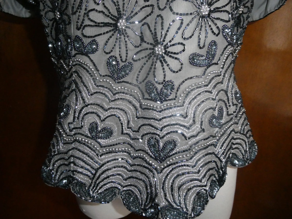 Papell Boutique Women Gray Evening 100% Silk Beaded Party Top Sz XL (fits M/ L)