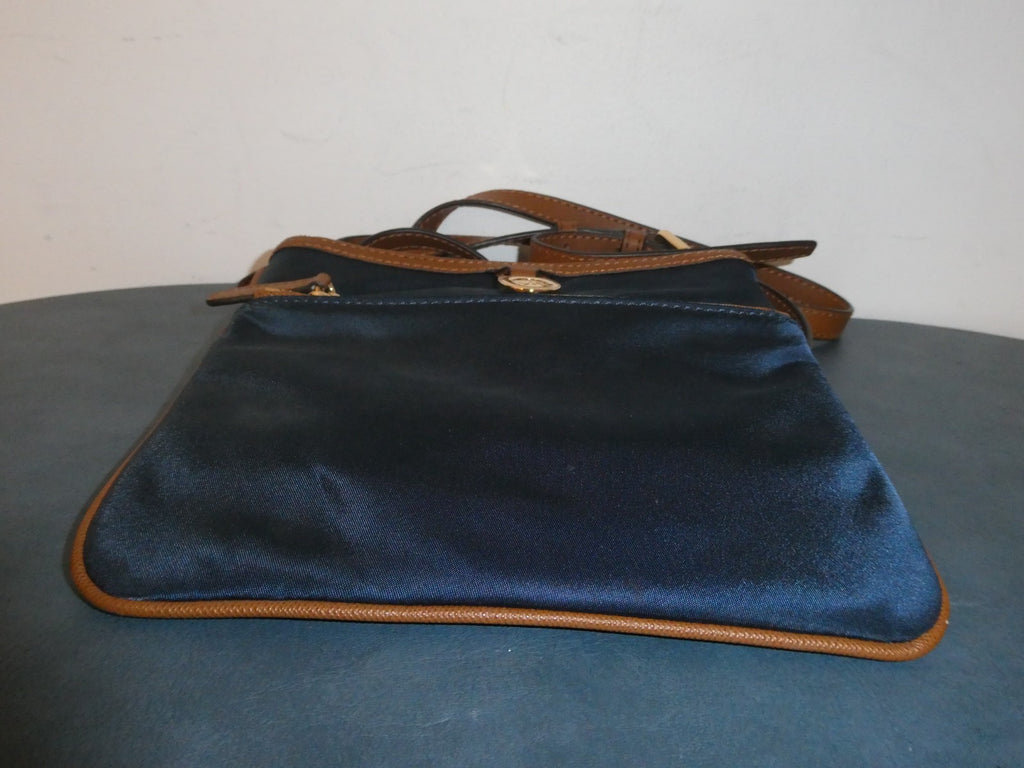 Michael Kors Navy Nylon Crossbody Bag Brown Trim 5 Pocket Gold Tone EUC