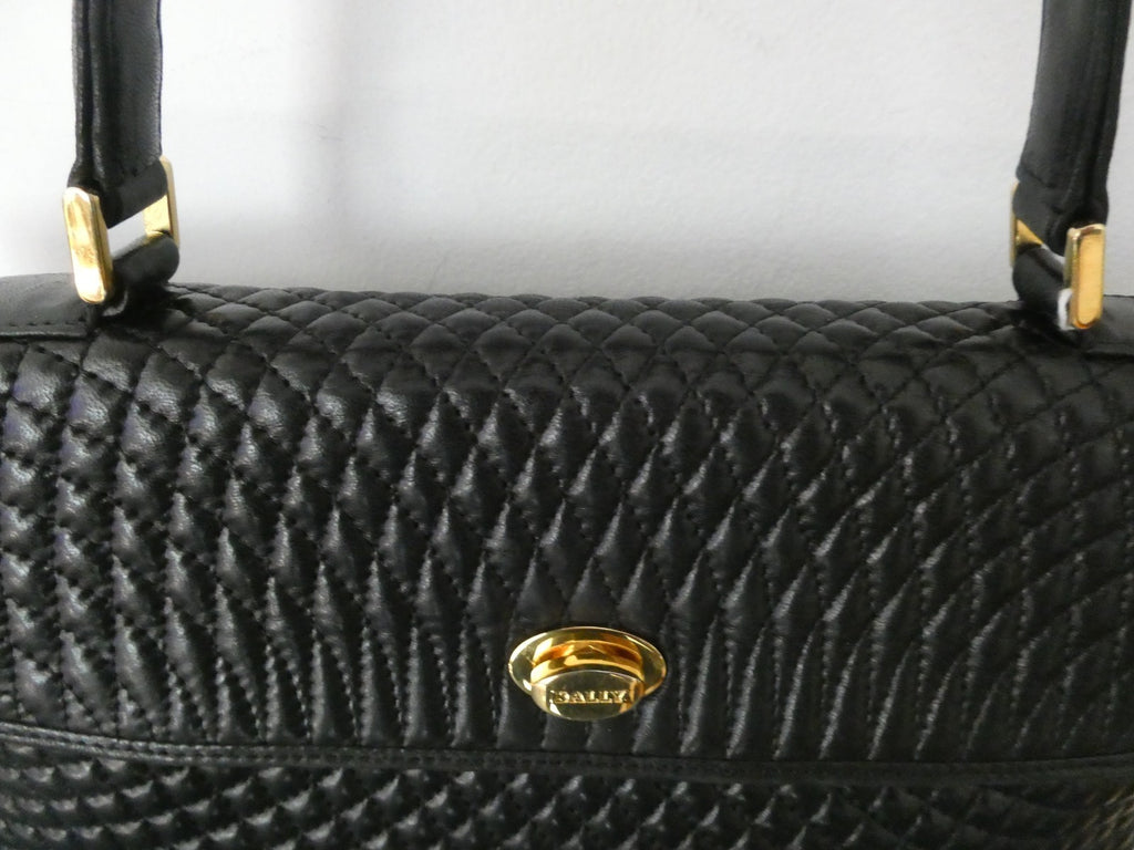 Vintage Bally Women's Black Quilted Leather Top Handle Handbag Gold Tone Italy